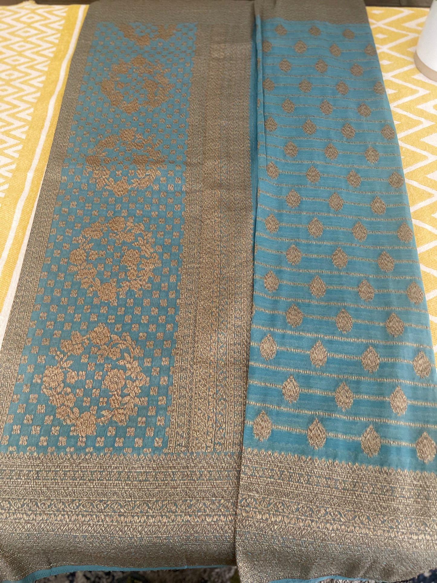 Ash Shade Semi Georgette Saree With Zari Stripes and Butti