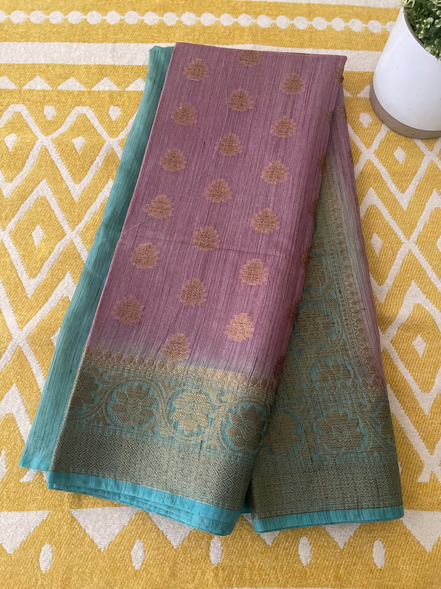 Moonga Tussar Saree With Banarasi Woven Border and Buttis