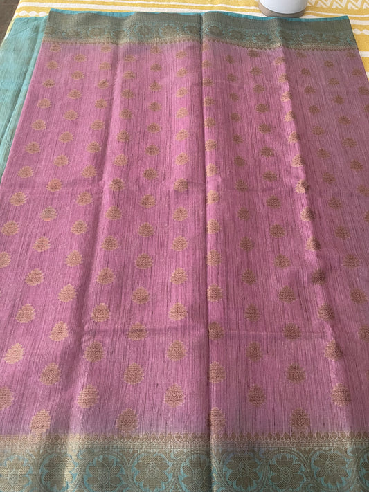 Moonga Tussar Saree With Banarasi Woven Border and Buttis